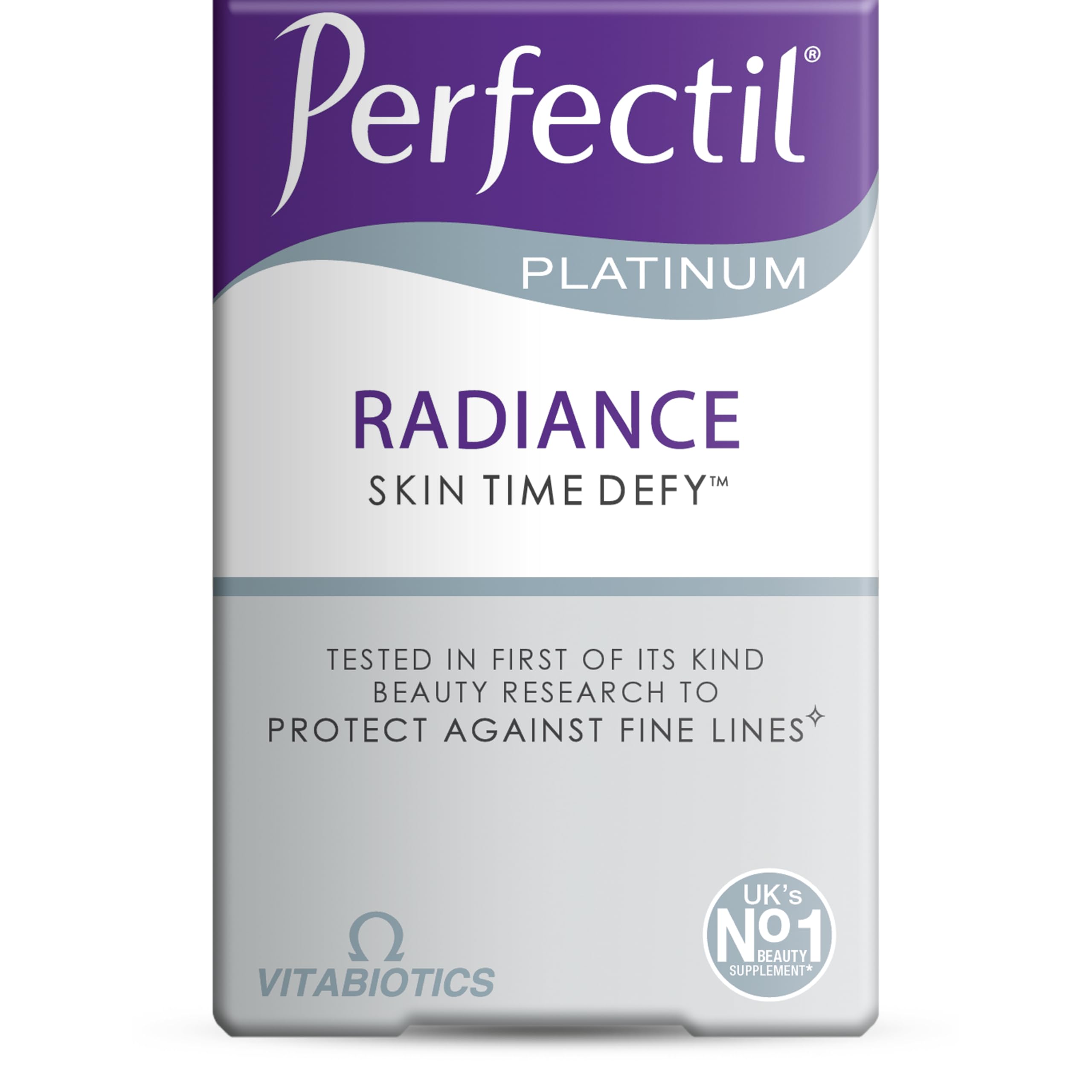 Product shot of Vitabiotics Perfectil Platinum Skin Radiance 60 tablets bottle.