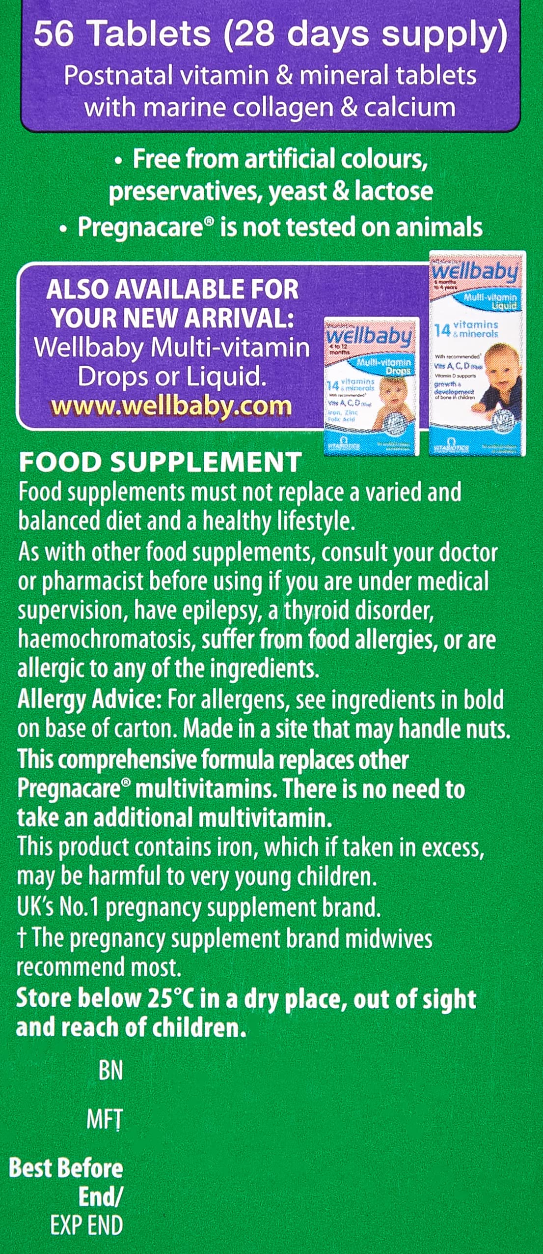 Nutritional information on Pregnacare New Mum box