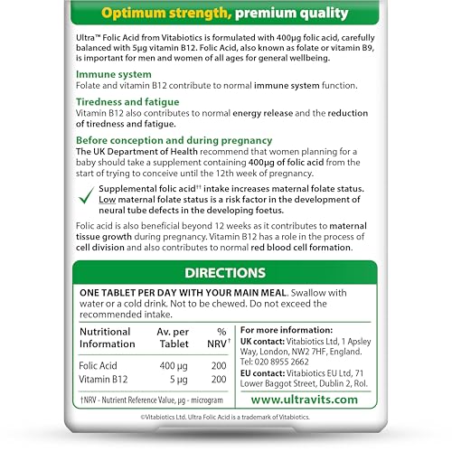 Pack shot showing Vitabiotics Ultra Folic Acid 400ug 60 tablets