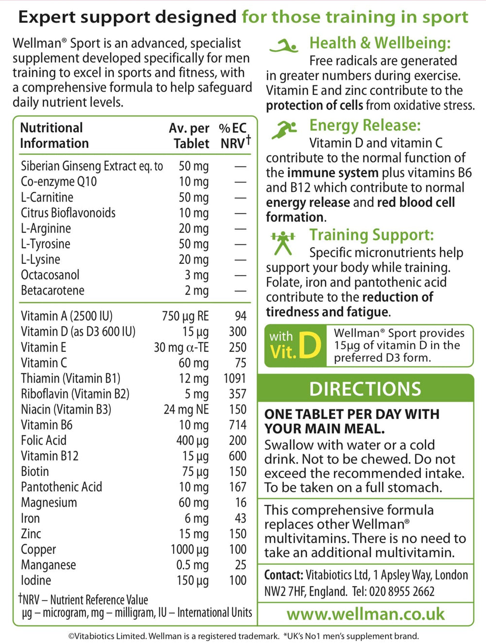 Nutrition information for Wellman Sport Tablets