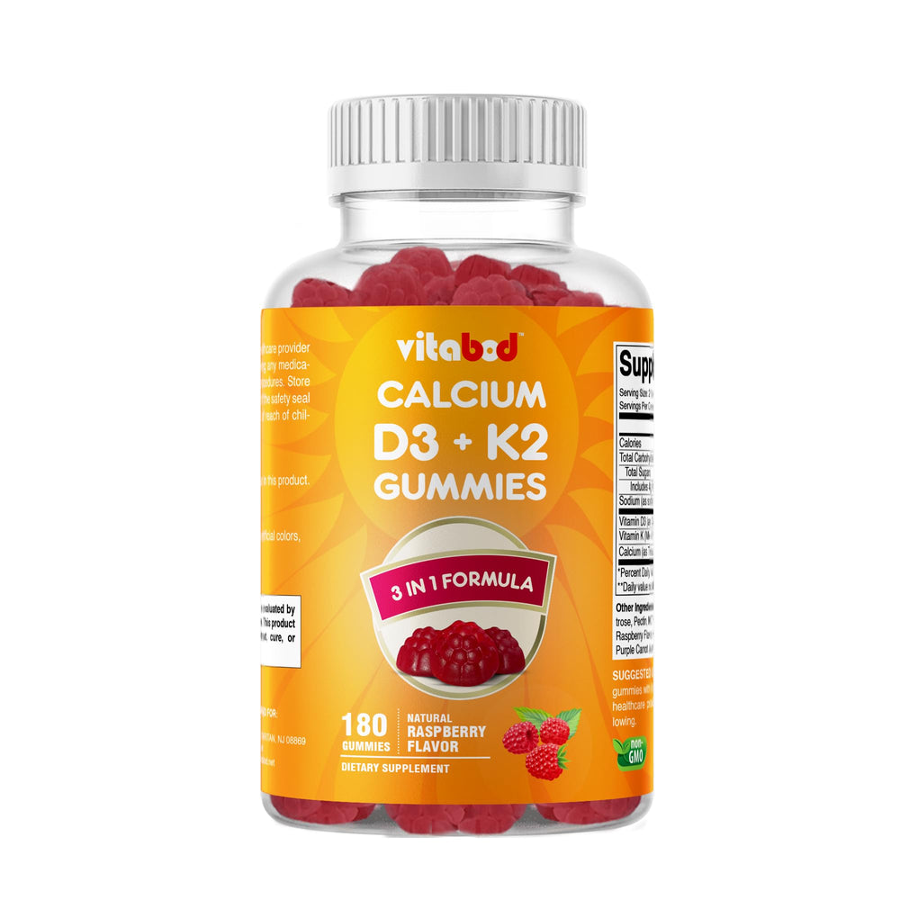 Bottle of Vitabod D3 + K2 gummies in raspberry flavor, close-up