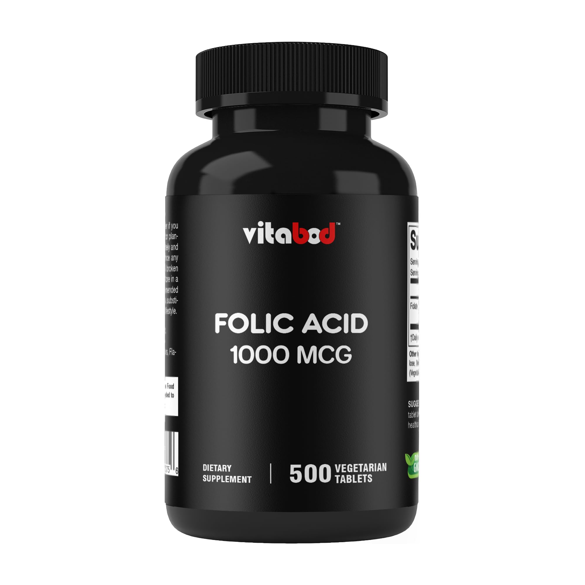 Vitabod Folic Acid bottle containing 500 vegetarian tablets