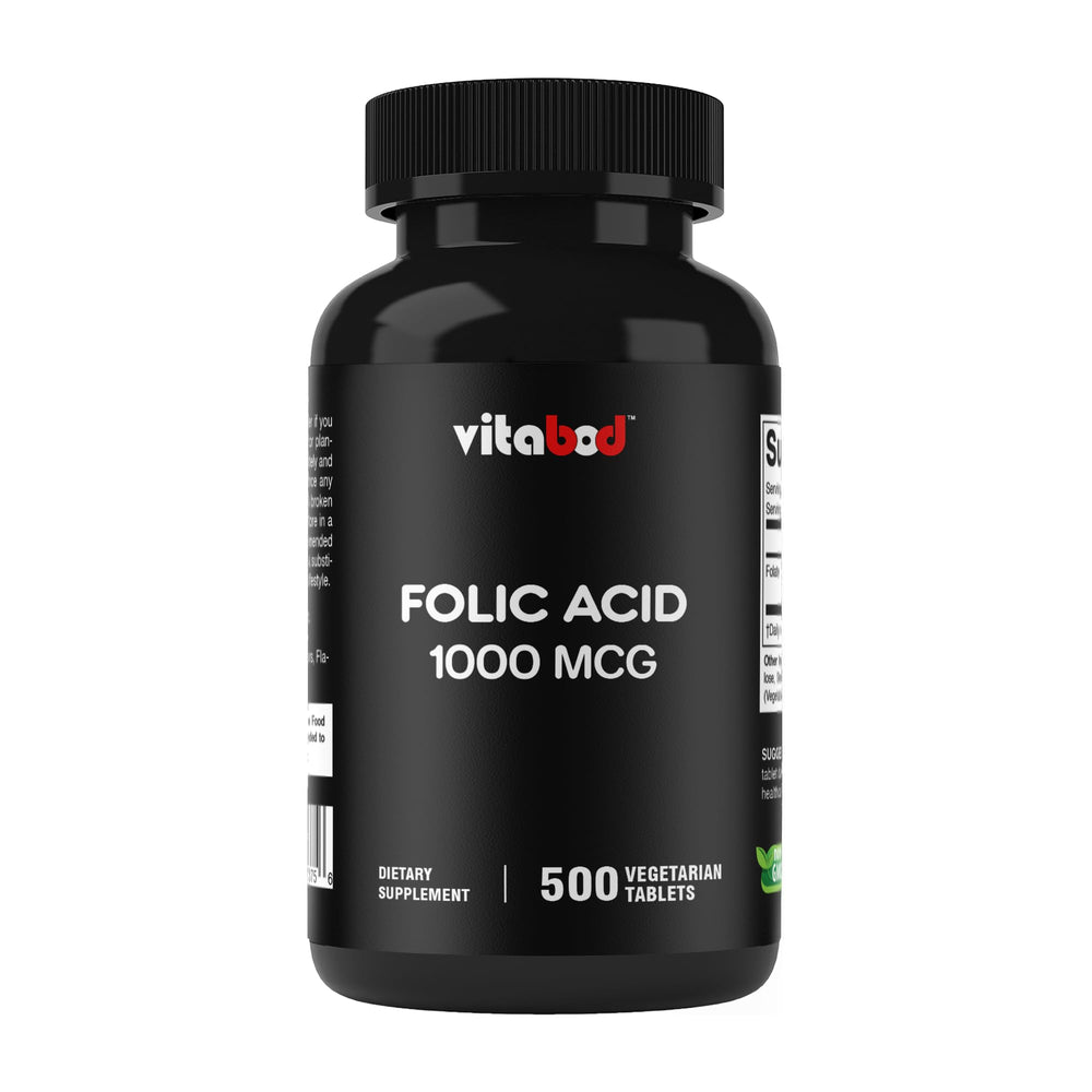 Vitabod Folic Acid bottle containing 500 vegetarian tablets