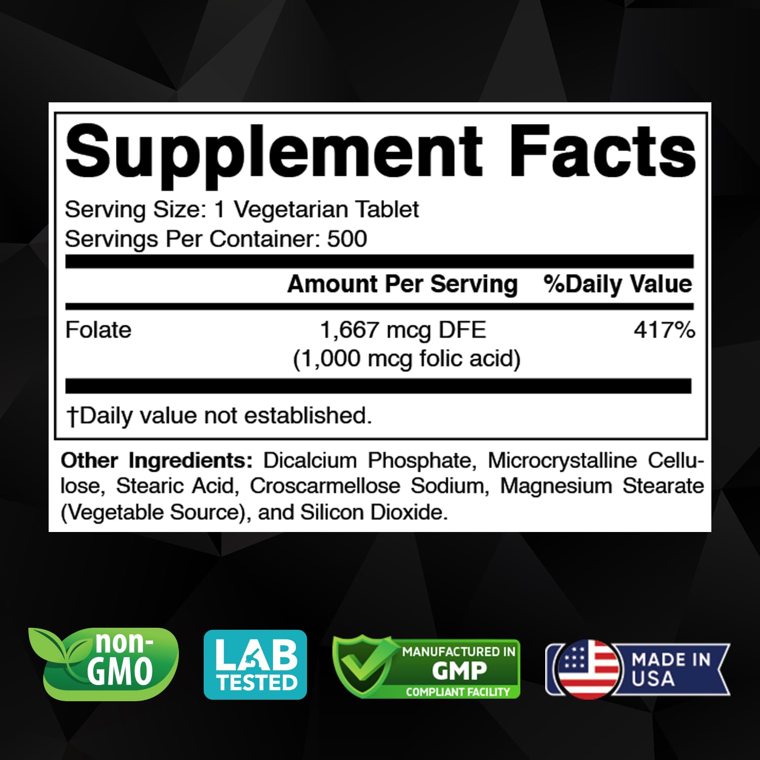 Label showing Vitabod Folic Acid 1 mg 1000 mcg 500 tablets