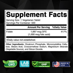 Label showing Vitabod Folic Acid 1 mg 1000 mcg 500 tablets