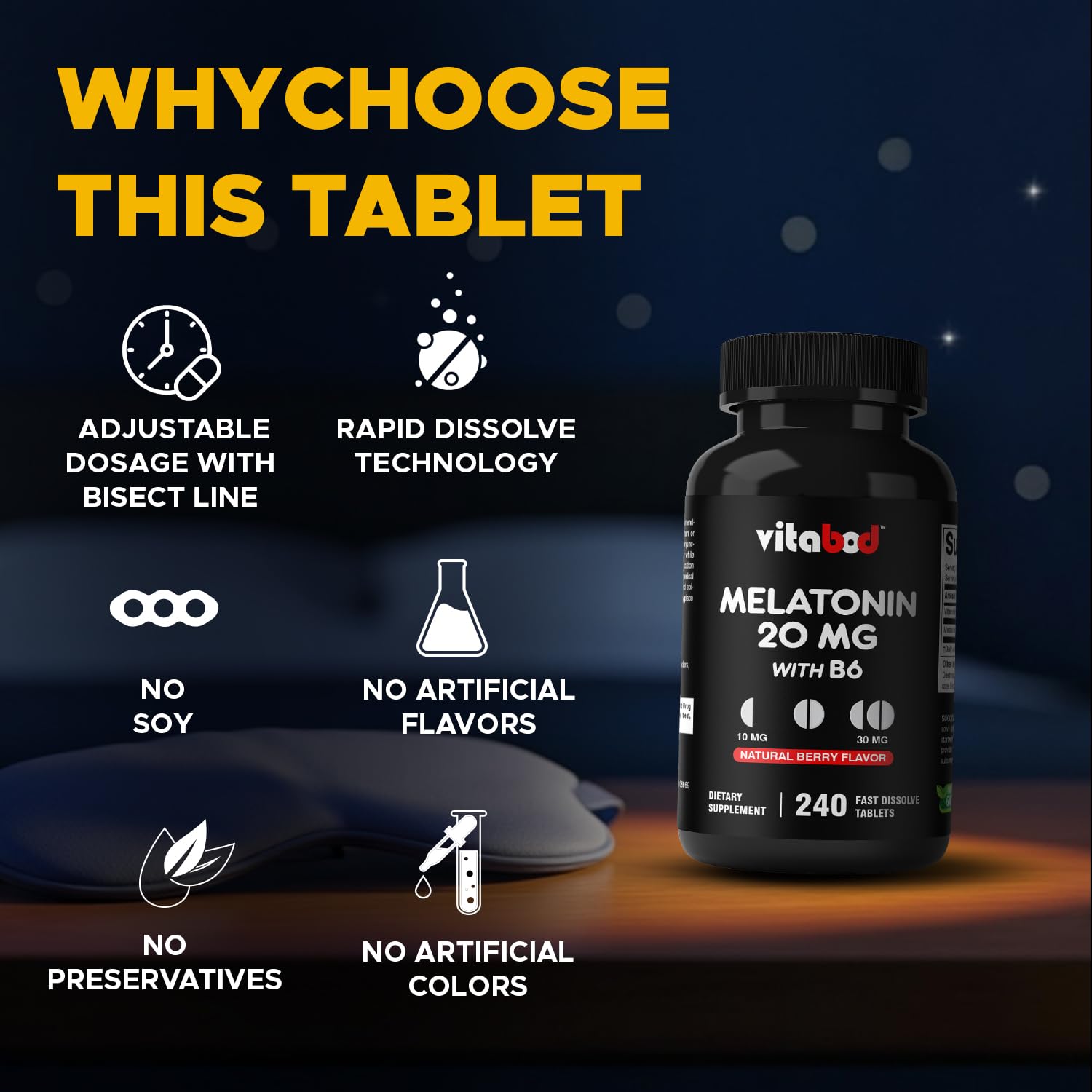 Back of Vitabod Melatonin bottle showing 240 count