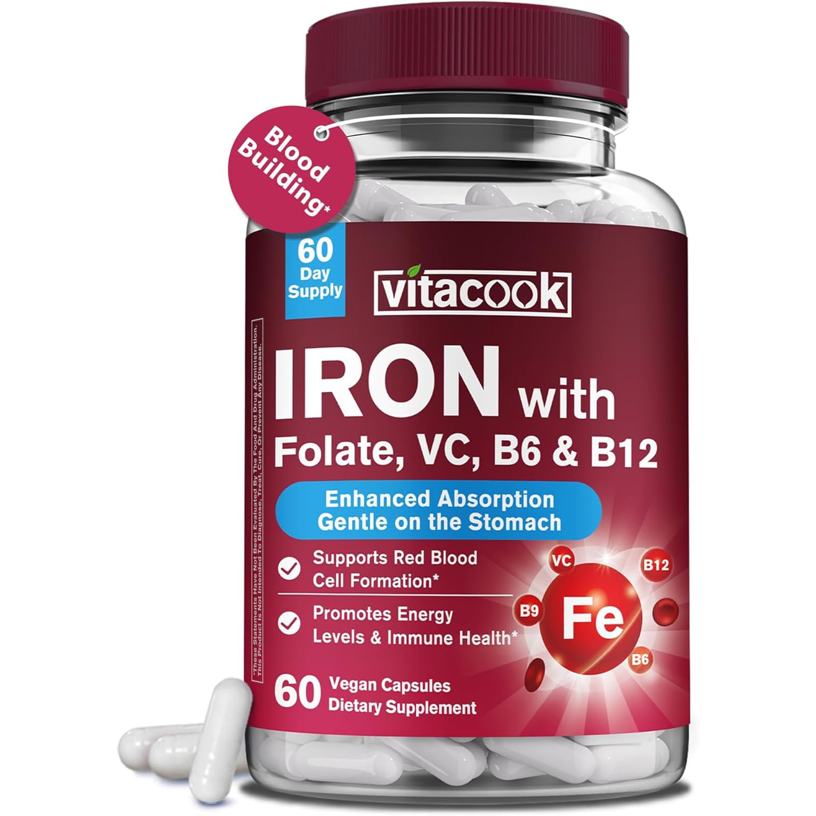 Vitacook Iron Bisglycinate supplement for women and men in a bottle – 60 vegan capsules