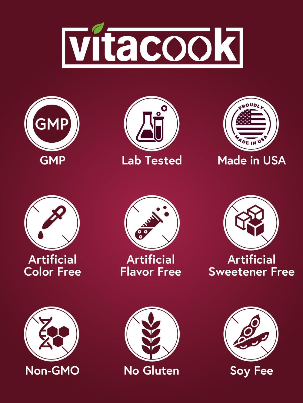 Non-GMO, gluten-free, dairy-free, soy-free Vitacook iron