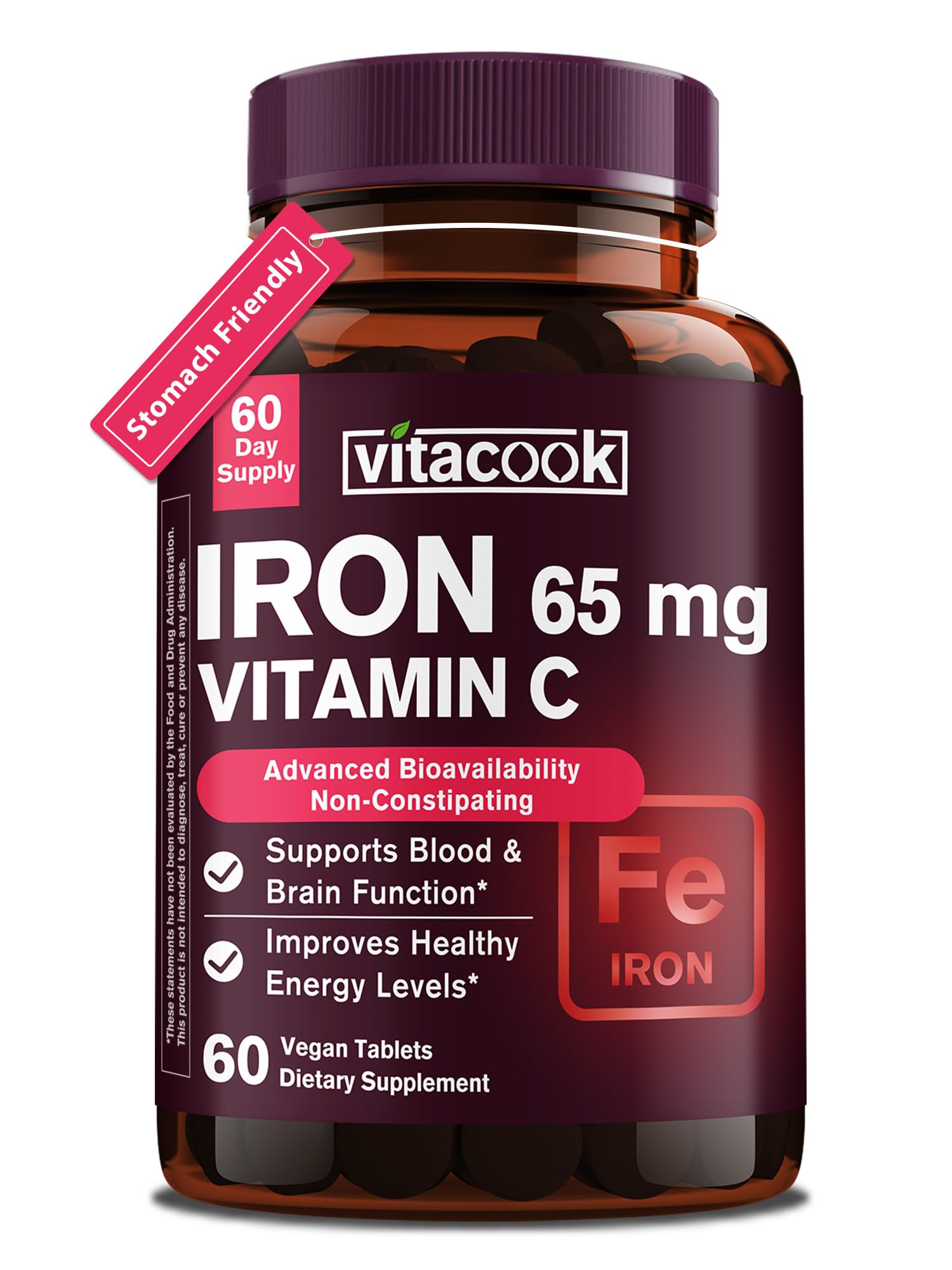 Vitacook Iron Supplement bottle showing 65mg iron and 250mg vitamin C