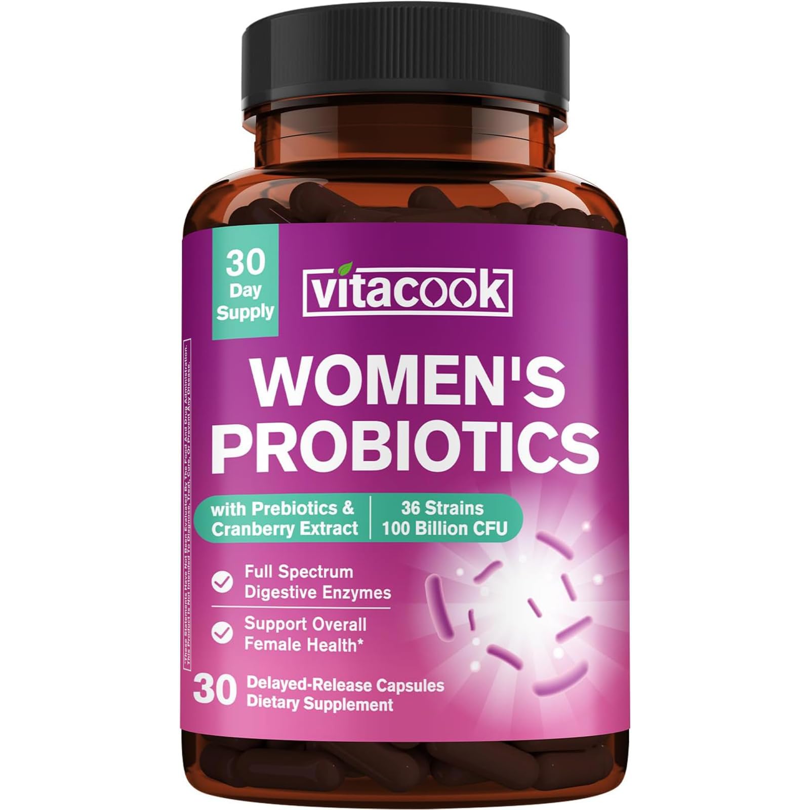 Bottle of Vitacook Women’s Probiotics with 100B CFU and 36 strains, 30 vegan capsules