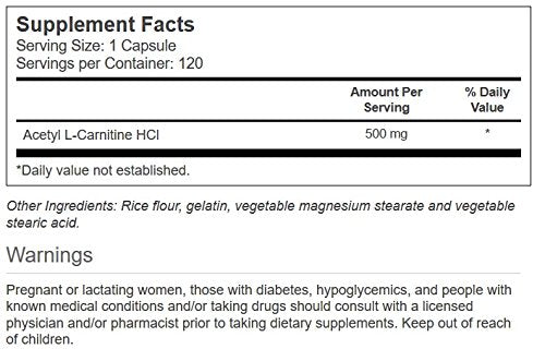 Close-up of Vitacost Acetyl L-Carnitine HCl 500 mg product label