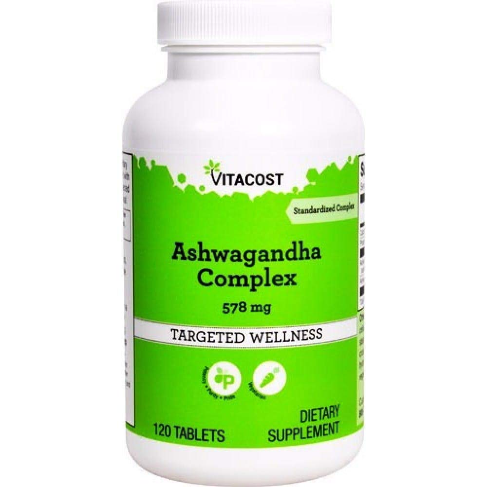 Bottle of Vitacost Ashwagandha Complex – 578 mg, 120 vegetarian tablets