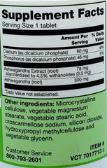 Vitacost Ashwagandha Complex label showing standardized extract and 500 mg root powder