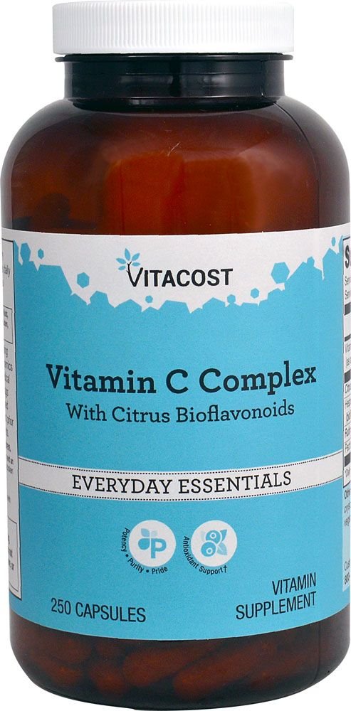 Bottle of Vitacost Buffered C Complex with rose hips showing label (1000 mg vitamin C per two capsules)