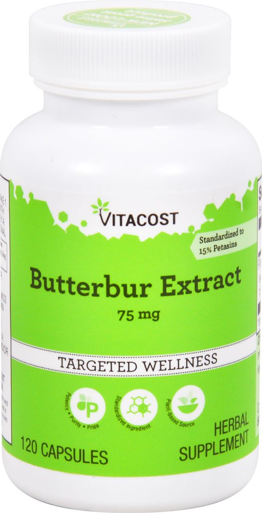 Vitacost Butterbur Extract bottle with 75 mg per capsule, 120 capsules