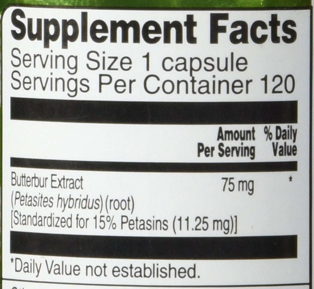 Close-up of Butterbur Extract capsules showing 75 mg per serving