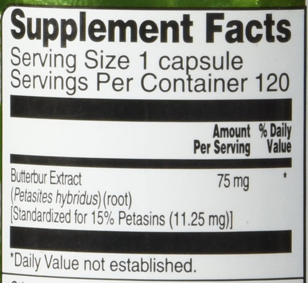 Close-up of Butterbur Extract capsules showing 75 mg per serving