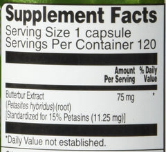 Close-up of Butterbur Extract capsules showing 75 mg per serving
