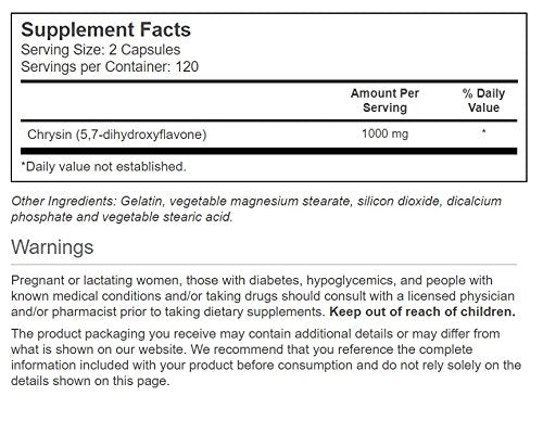 Two-capsule serving of chrysin showing 1000 mg per serving