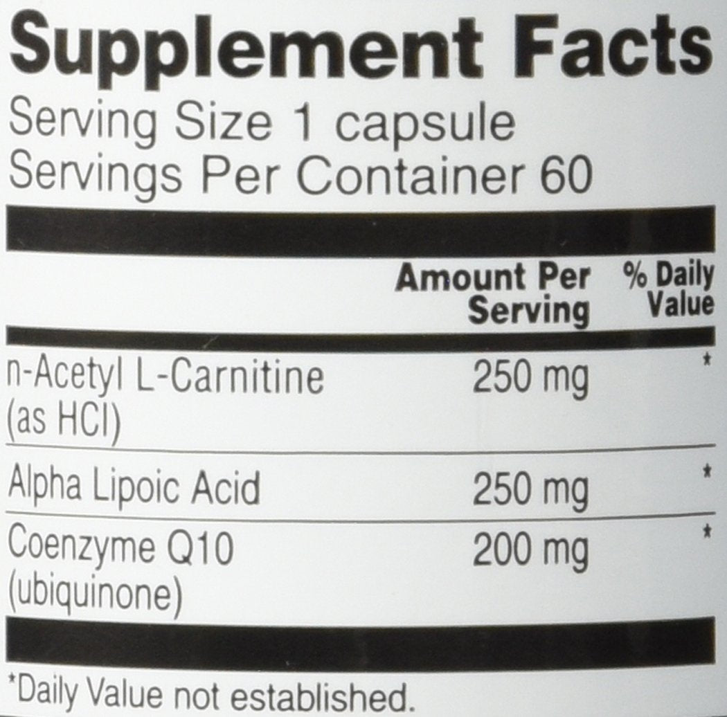 Close-up of one-capsule serving showing CoQ10, ALA, and Acetyl L-Carnitine HCl ingredients