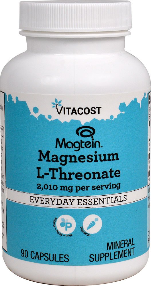 Vitacost Magtein Magnesium L-Threonate bottle label showing 2010 mg per 3-capsule serving