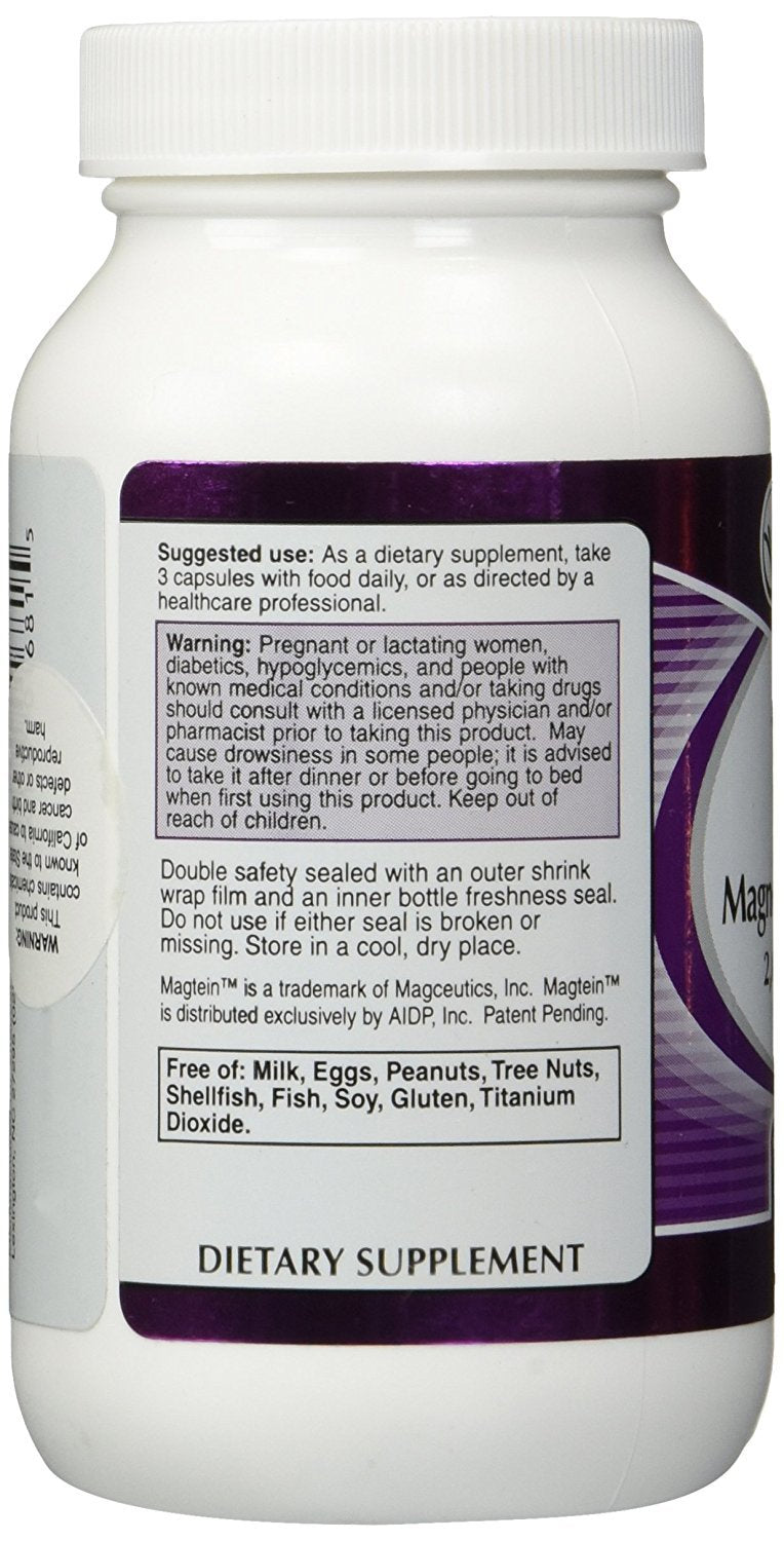 Close-up of Magtein magnesium L-threonate formula text on the bottle