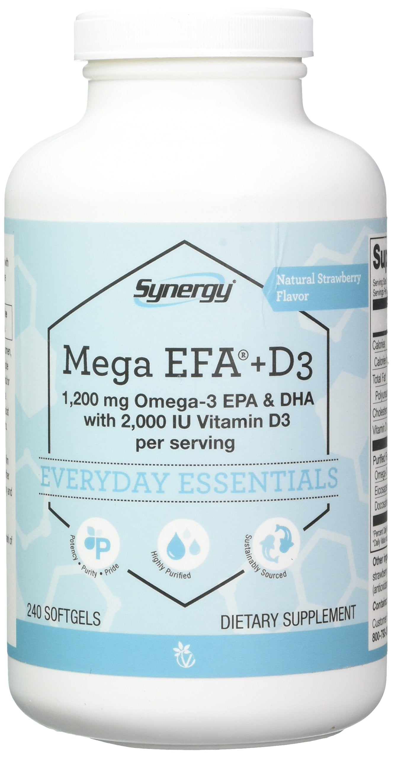 Bottle of Vitacost Mega EFA-D3 with two-softgel serving