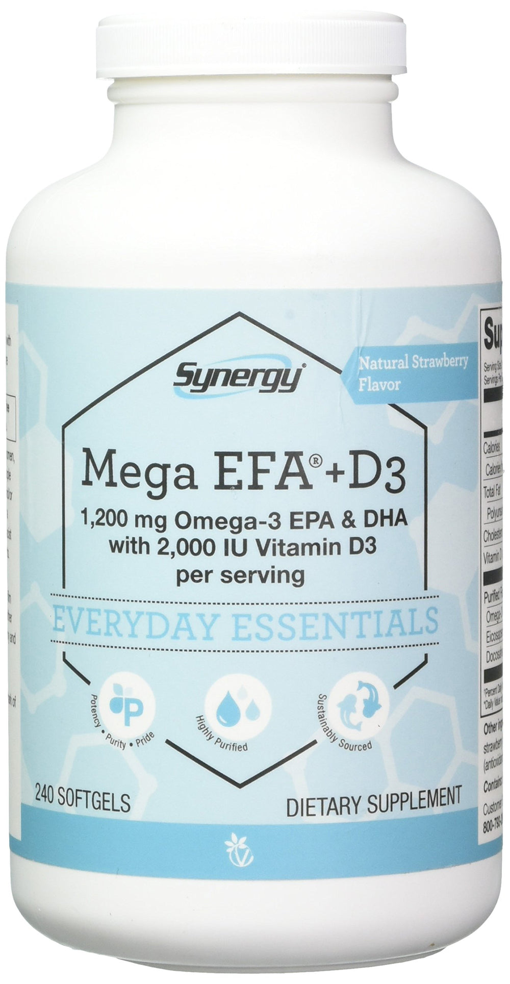 Bottle of Vitacost Mega EFA-D3 with two-softgel serving