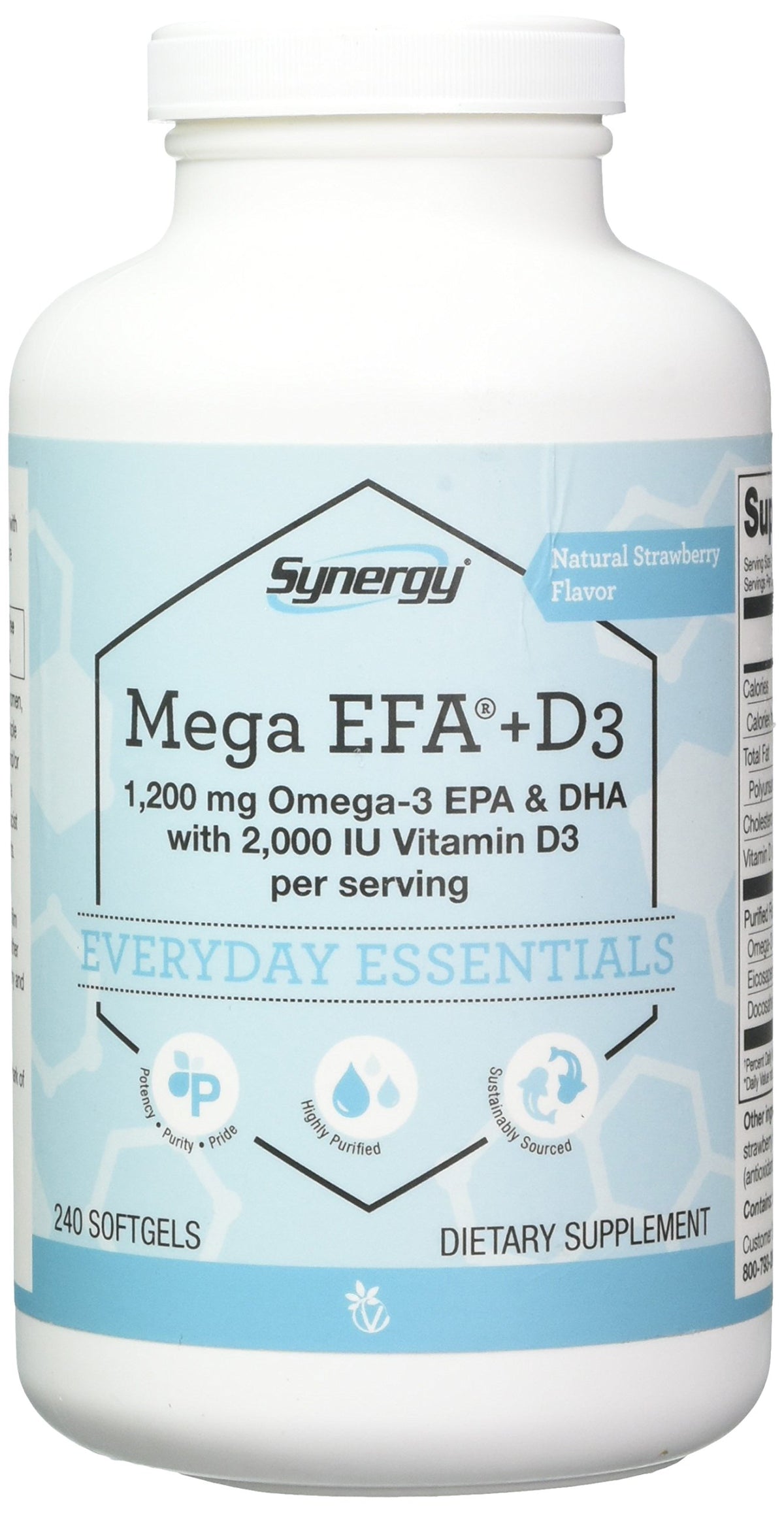 Bottle of Vitacost Mega EFA-D3 with two-softgel serving