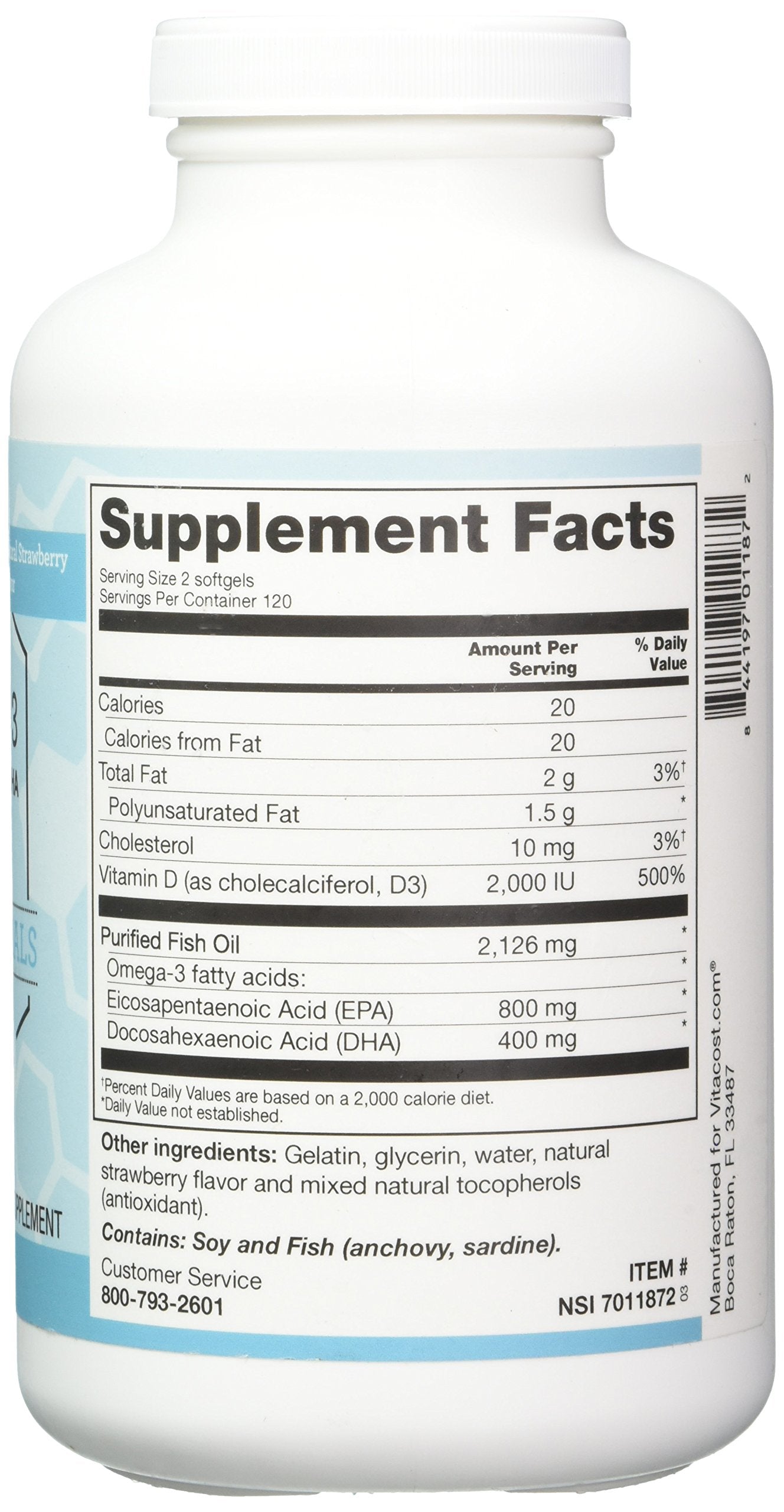 Nutrition facts panel for Vitacost Mega EFA-D3 Omega-3 EPA and DHA