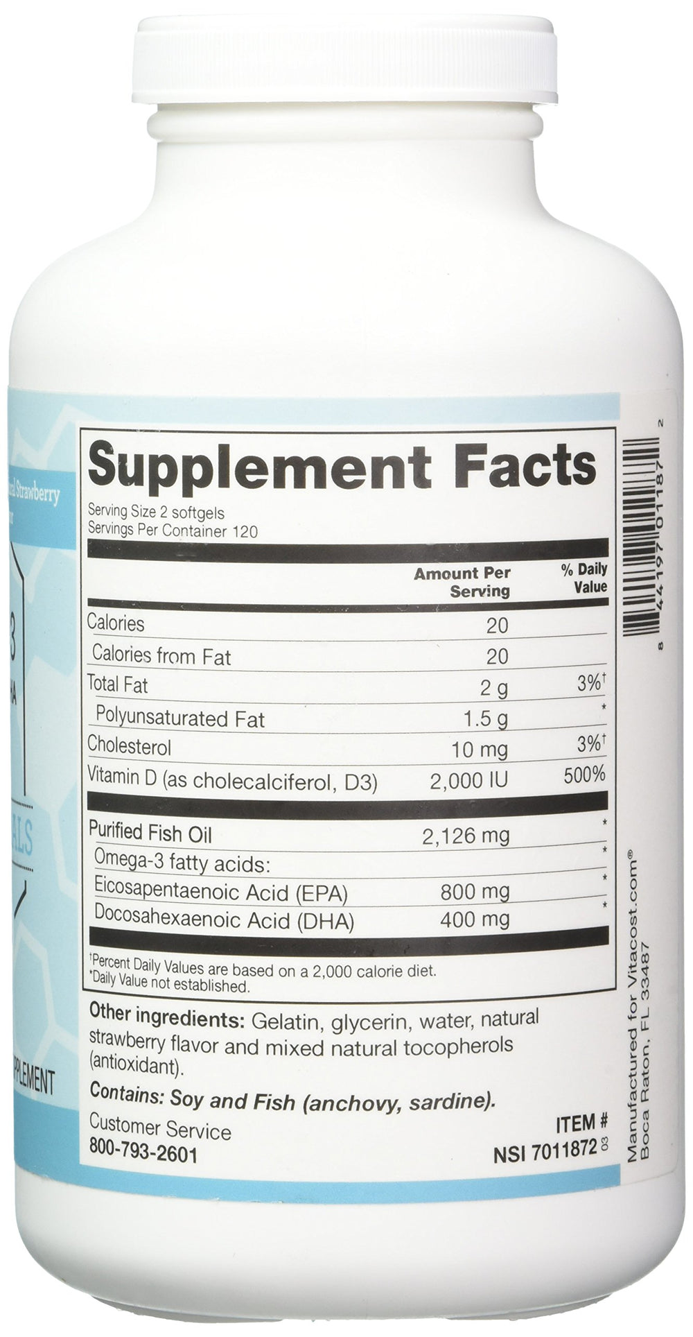 Nutrition facts panel for Vitacost Mega EFA-D3 Omega-3 EPA and DHA