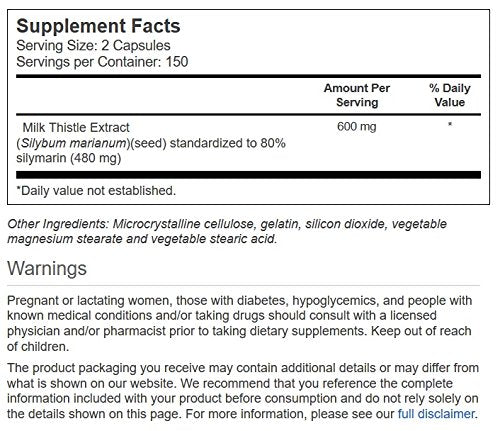 Label showing Vitacost Milk Thistle Extract standardized to 80% silymarin