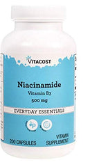 Vitacost Niacinamide 500 mg (Vitamin B-3) No-Flush Niacin, 200 capsules bottle