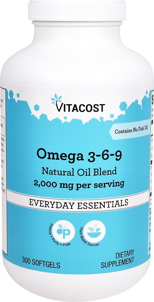 Vitacost Omega 3-6-9 Natural Oil Blend bottle - 300 softgels, fish-free, plant-based omega blend