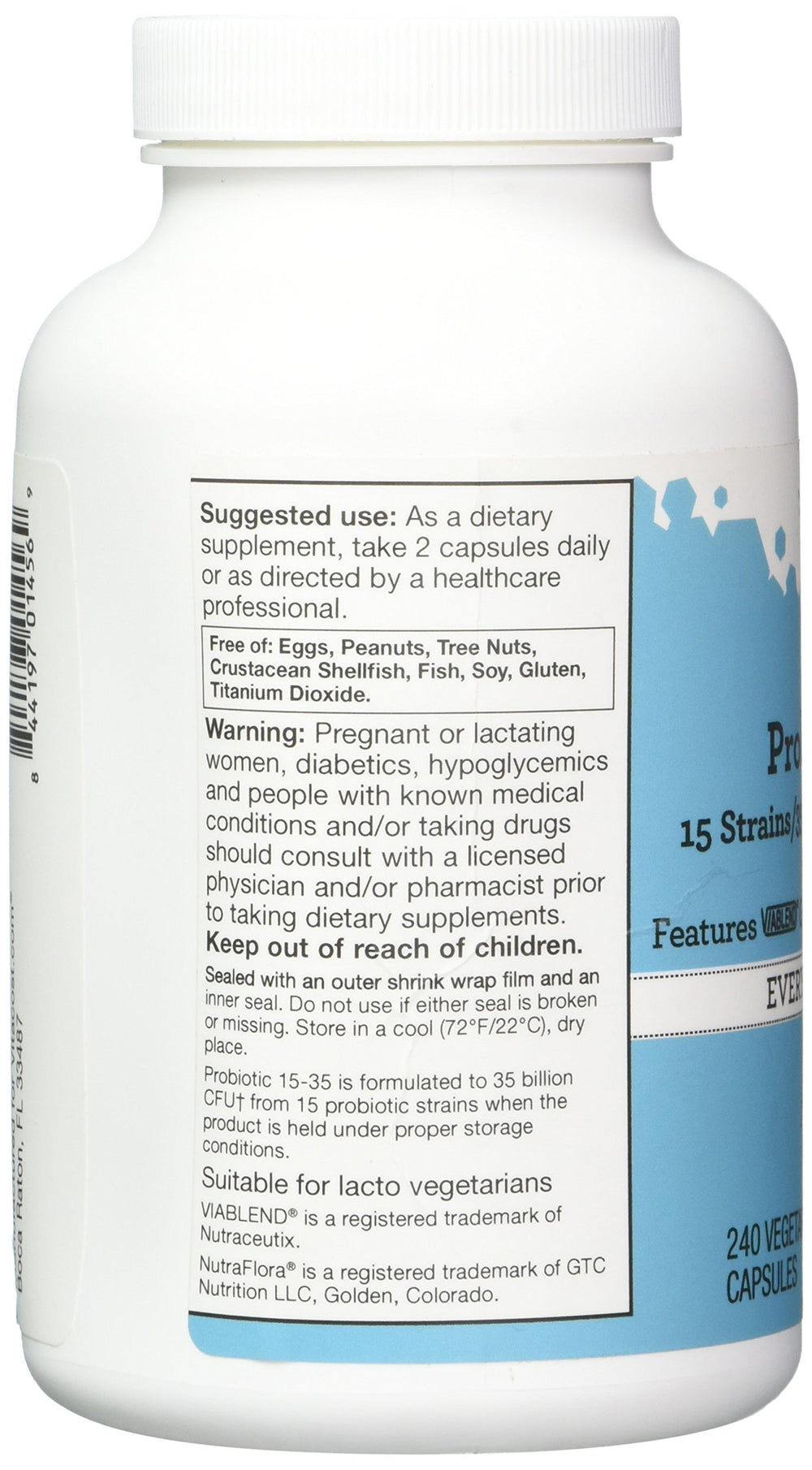 Close-up of Vitacost Probiotic 15-35 capsules
