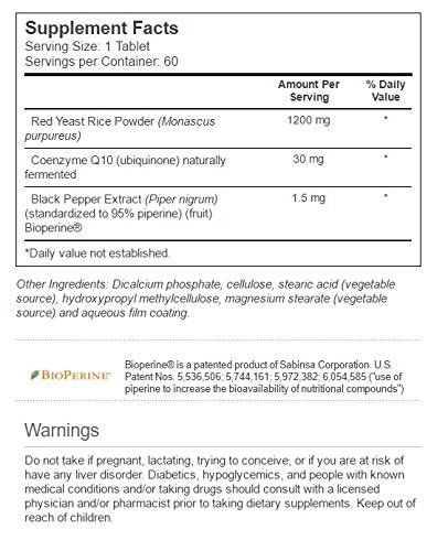 Close-up of a tablet showing 1200 mg red yeast rice and 30 mg CoQ10 per serving.