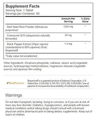 Close-up of a tablet showing 1200 mg red yeast rice and 30 mg CoQ10 per serving.