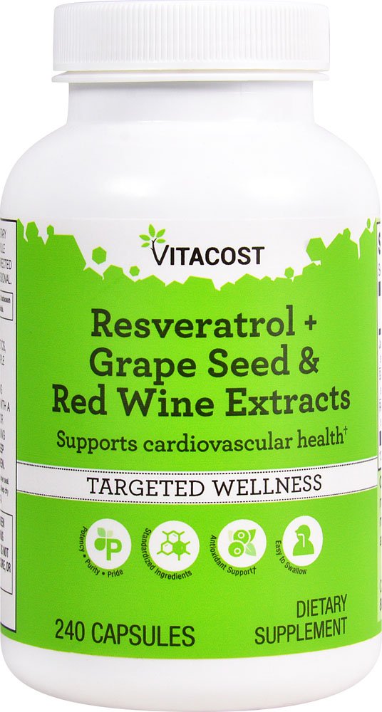 Vitacost Resveratrol + Grape Seed & Red Wine Extracts bottle - 240 capsules (image 1)