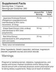 Close-up of bottle label showing Resveratrol, Grape Seed & Red Wine Extracts ingredients