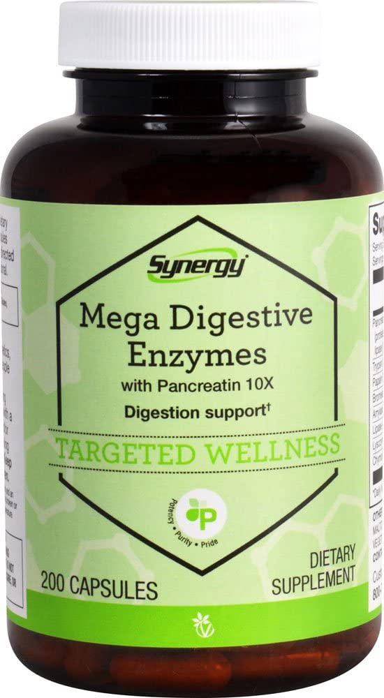 Vitacost Synergy Mega Digestive Enzymes with Pancreatin 10X bottle – 200 capsules
