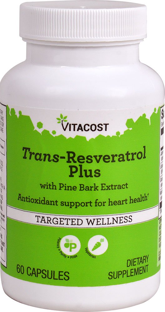 Bottle of Vitacost Trans-Resveratrol Plus 60 vegetarian capsules