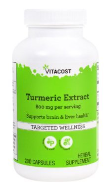 Vitacost Turmeric Extract bottle with 800 mg per serving, 2 capsules per serving, 200 capsules total