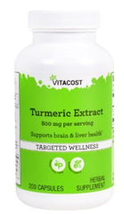 Vitacost Turmeric Extract bottle with 800 mg per serving, 2 capsules per serving, 200 capsules total