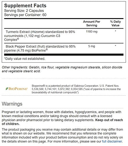 Product image showing Exclusive C3 Complex, Bioperine and 60 two-capsule servings per bottle