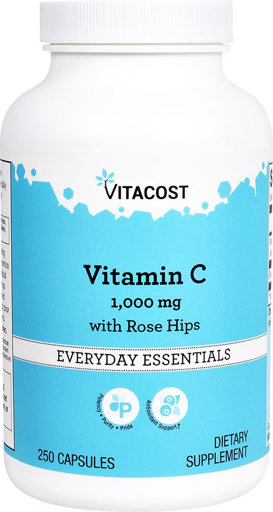 Vitacost Vitamin C with Rose Hips bottle label showing 1000 mg per capsule and 250 capsules per bottle