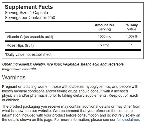 Ingredient list for Vitacost Vitamin C with Rose Hips showing rose hips content
