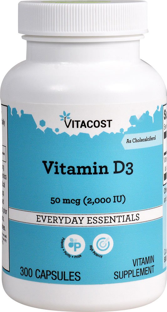 Bottle of Vitacost Vitamin D3 2000 IU and label