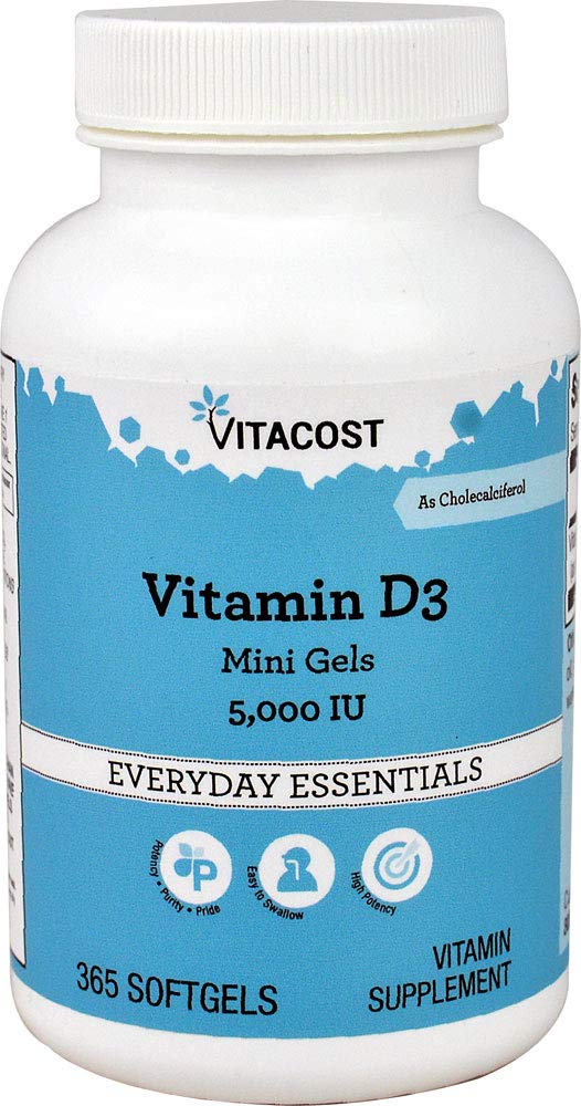 Vitacost Vitamin D3 5000 IU (cholecalciferol) mini softgel bottle, 365-count