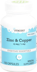 Bottle of Vitacost Zinc & Copper 100 capsules