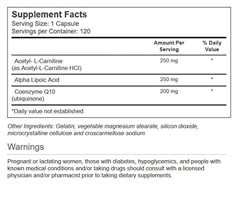 Close-up of Vitacost Synergy supplement bottle and capsules highlighting CoQ10, ALA, and ALC ingredients
